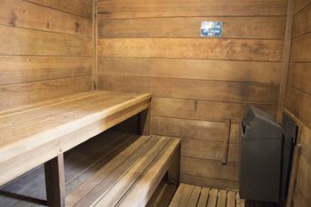 A sauna room with wooden walls and benches.